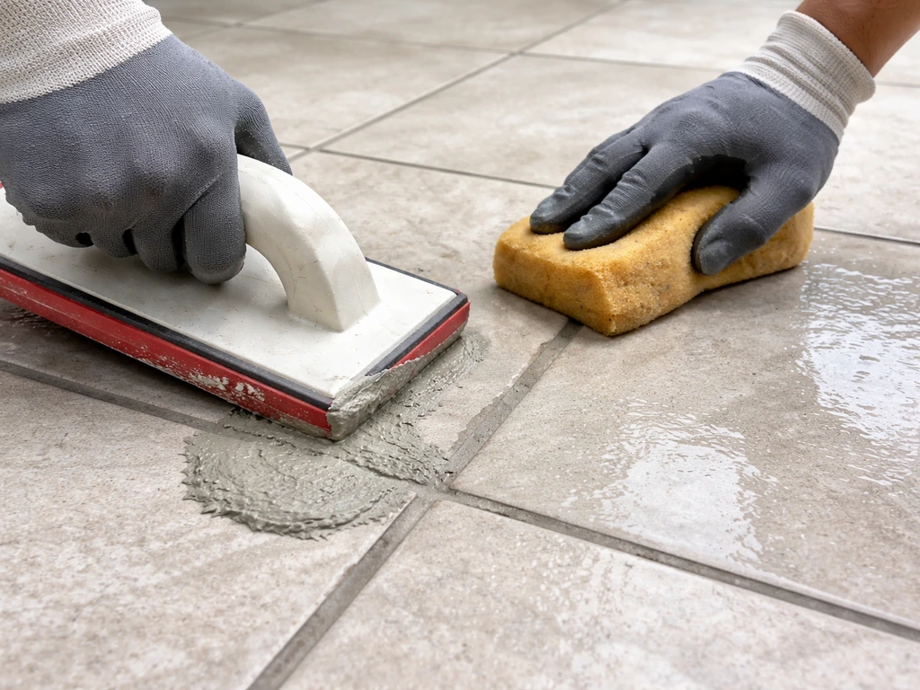 Hands using a grout float to press exterior grout into tile joints, then wiping excess off the surface.
