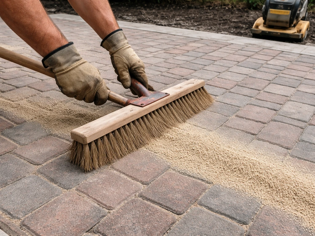Gloved hands sweeping joint sand diagonally into joints between newly set brick pavers.