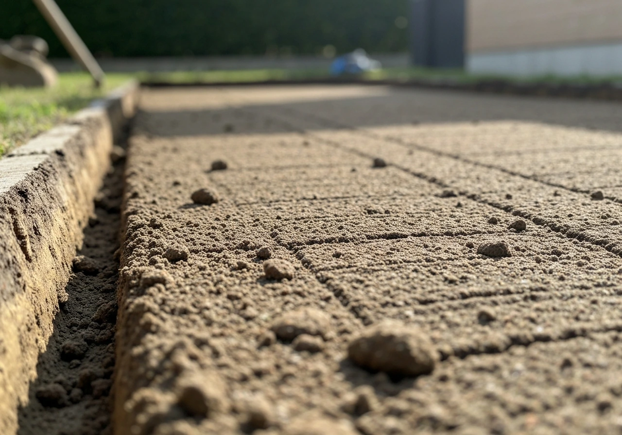Close-up of an even, compacted soil subgrade after excavation, ready for the next patio layer.