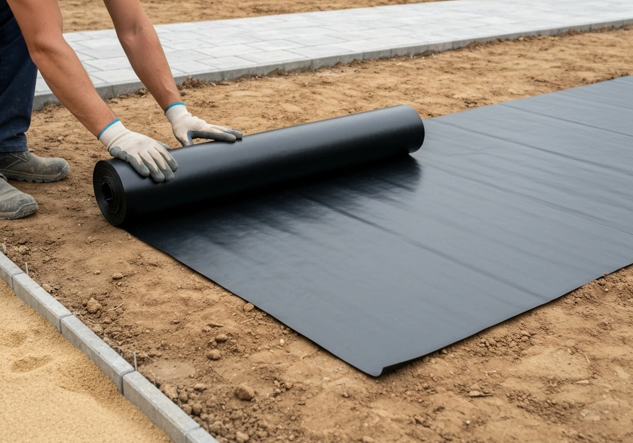 Gloved hands laying a weed control membrane on compacted ground before bedding and paving