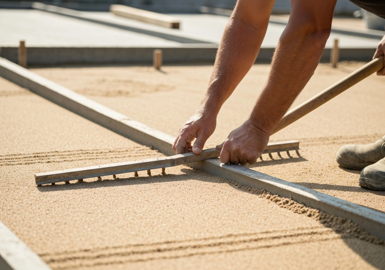 Builder leveling a sharp sand bedding bed with a screed board on compacted ground for concrete slabs.