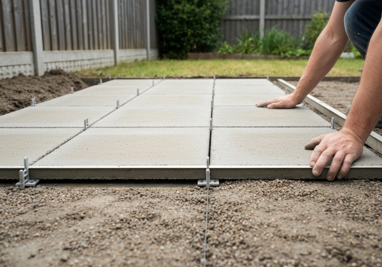 Concrete patio slabs being set on compacted bedding with paver spacing shown by a spacer tool