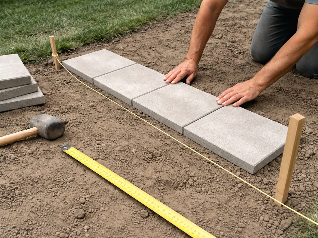 Person measuring and dry-laying concrete patio slabs along taut string lines with pegs on bare ground