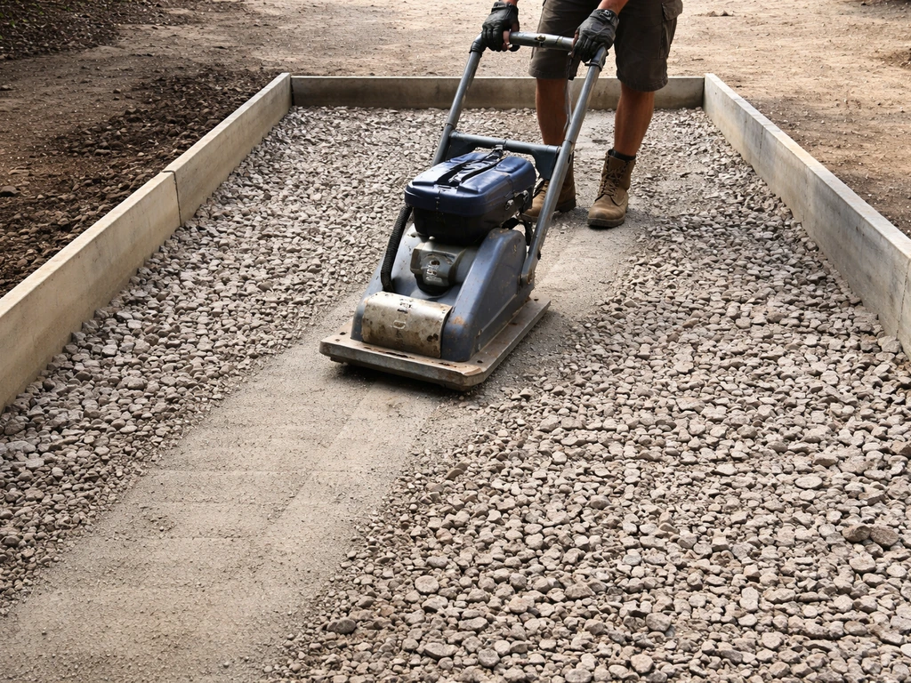 Worker compacting layered MOT Type 1 crusher run with vibrating plate near edge restraints