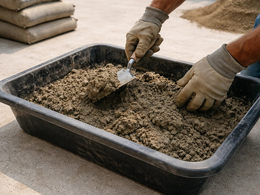 Gloved hands mixing semi-dry mortar in a plastic tray with sand and cement.