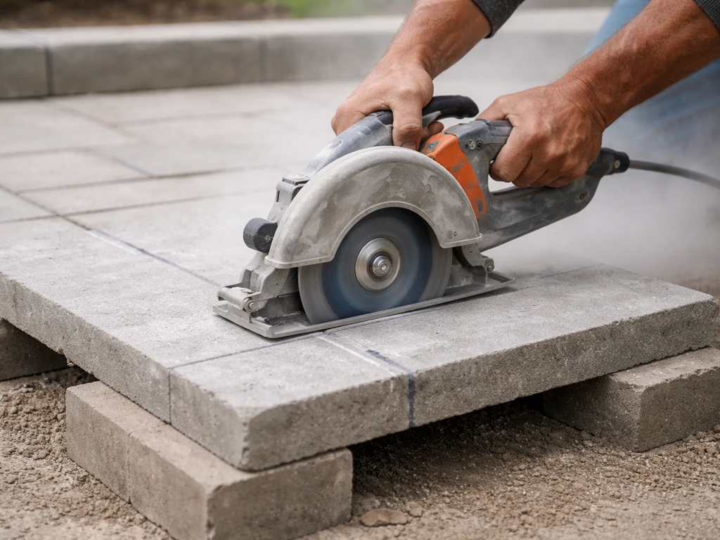 Worker cutting a patio slab at the edge with a circular saw, diamond blade, and marked cut lines visible.