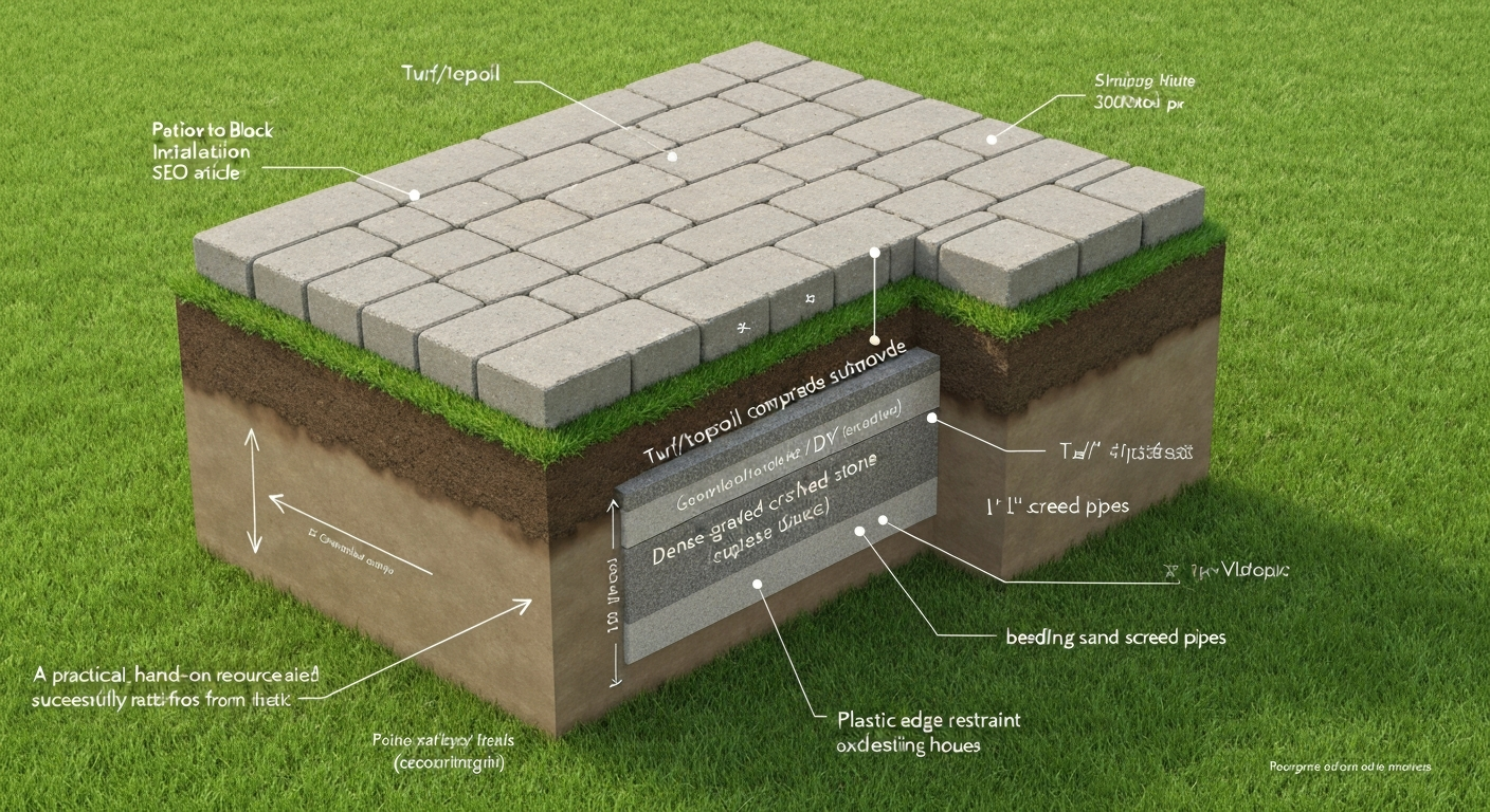 Isometric cutaway illustration of a paved patio showing labeled layers: subgrade, geotextile, crushed stone base, bedding sand, and patio blocks.