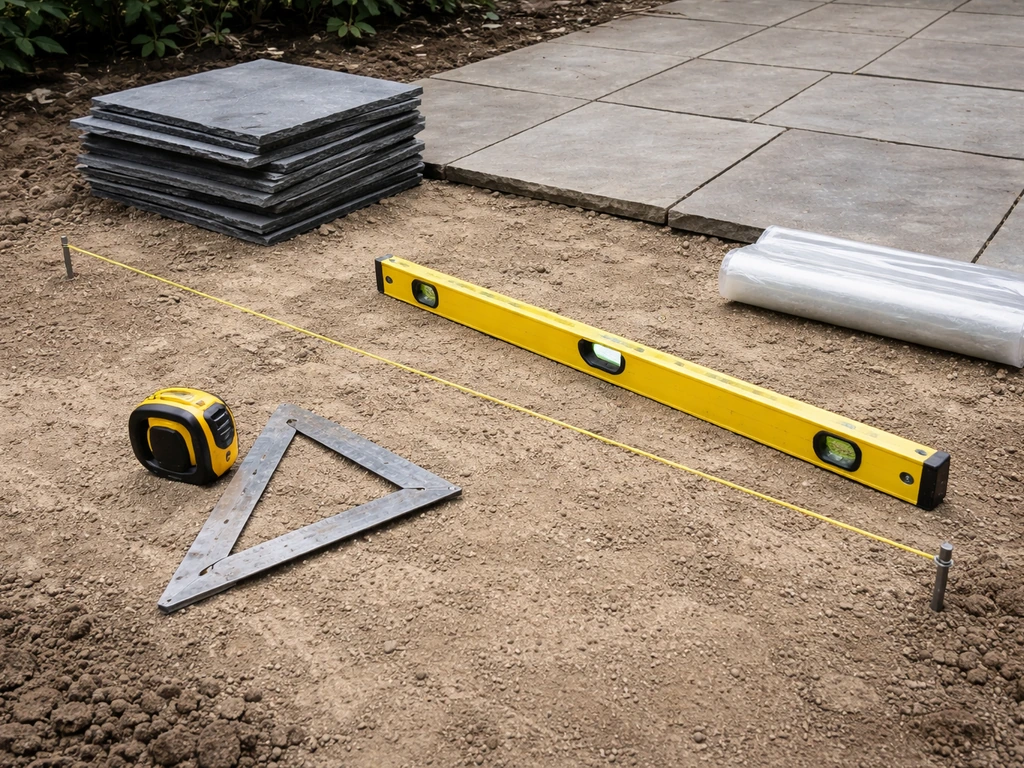 DIY slate patio tools laid on the ground: tape measure, square, spirit level, and string line pins.
