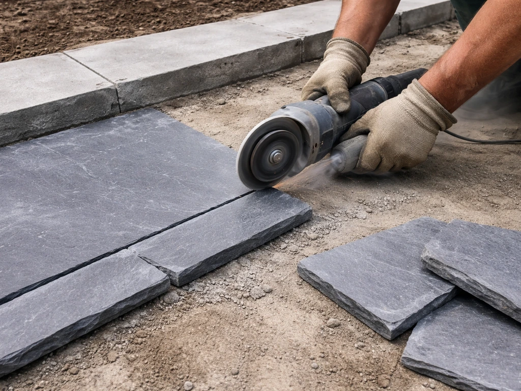 Worker cutting slate slabs at a patio edge with a slate saw, cut pieces ready for fitting