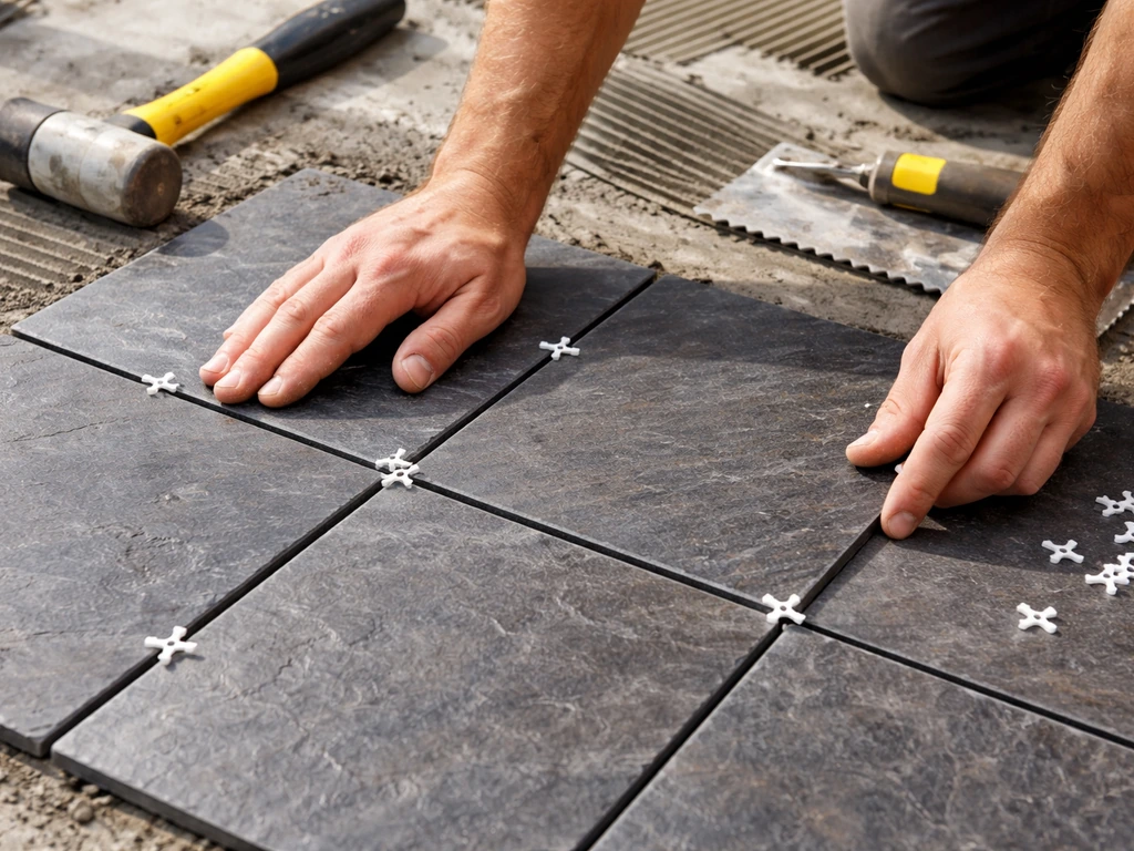 Hands set slate tiles with plastic spacers on a leveled concrete base for even joint widths.