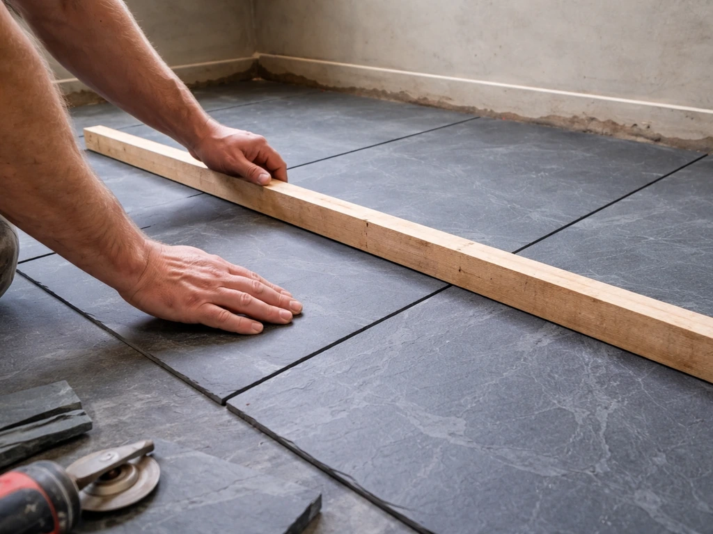 Worker using a straight timber rule to check alignment and levels of slate floor tiles near a wall