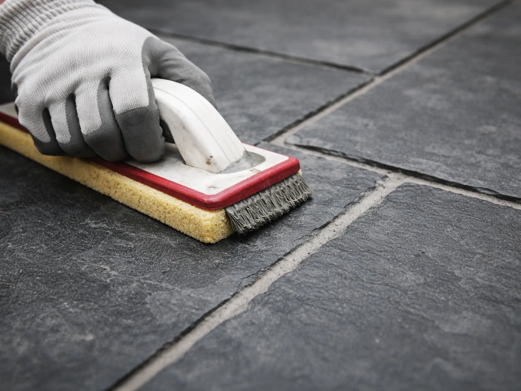 Hand applying grout into slate patio joints, with a small finished section showing evenly filled curing-ready lines.