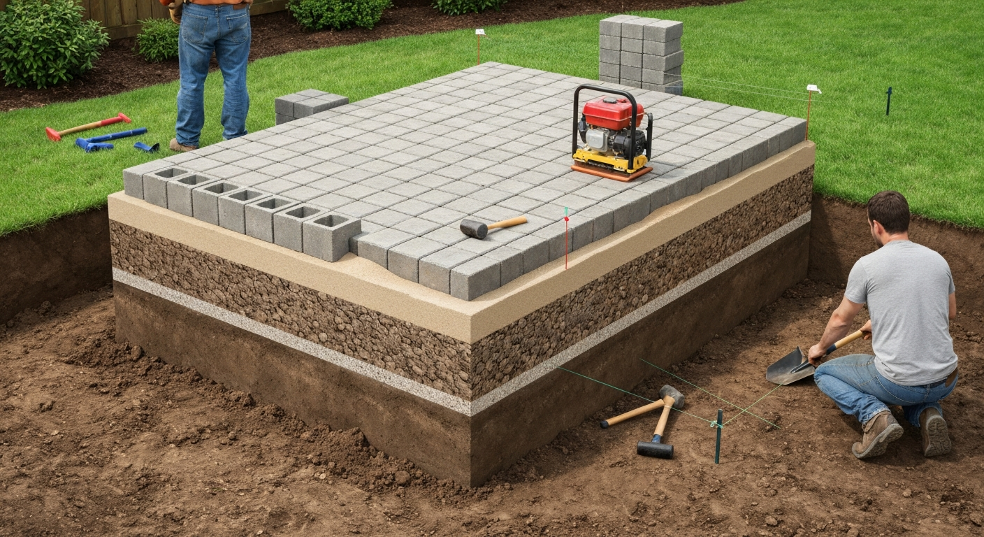 Isometric cutaway illustration of a patio showing layers: patio blocks, bedding sand, crushed stone base, compacted subgrade, surrounding soil, with tools and a homeowner using a mallet.